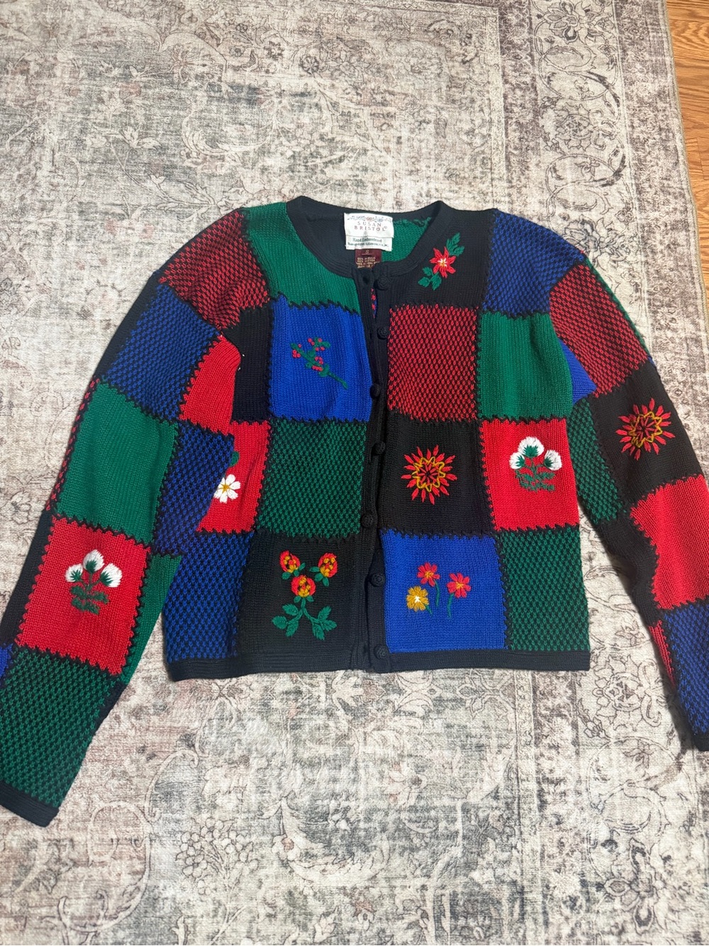 Vintage Susan Bristol Patchwork Embroidered Cardigan Sweater Size small